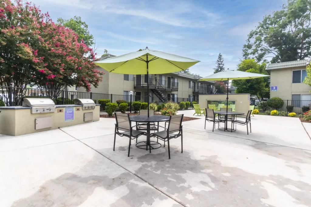 pool deck with fire place and grills